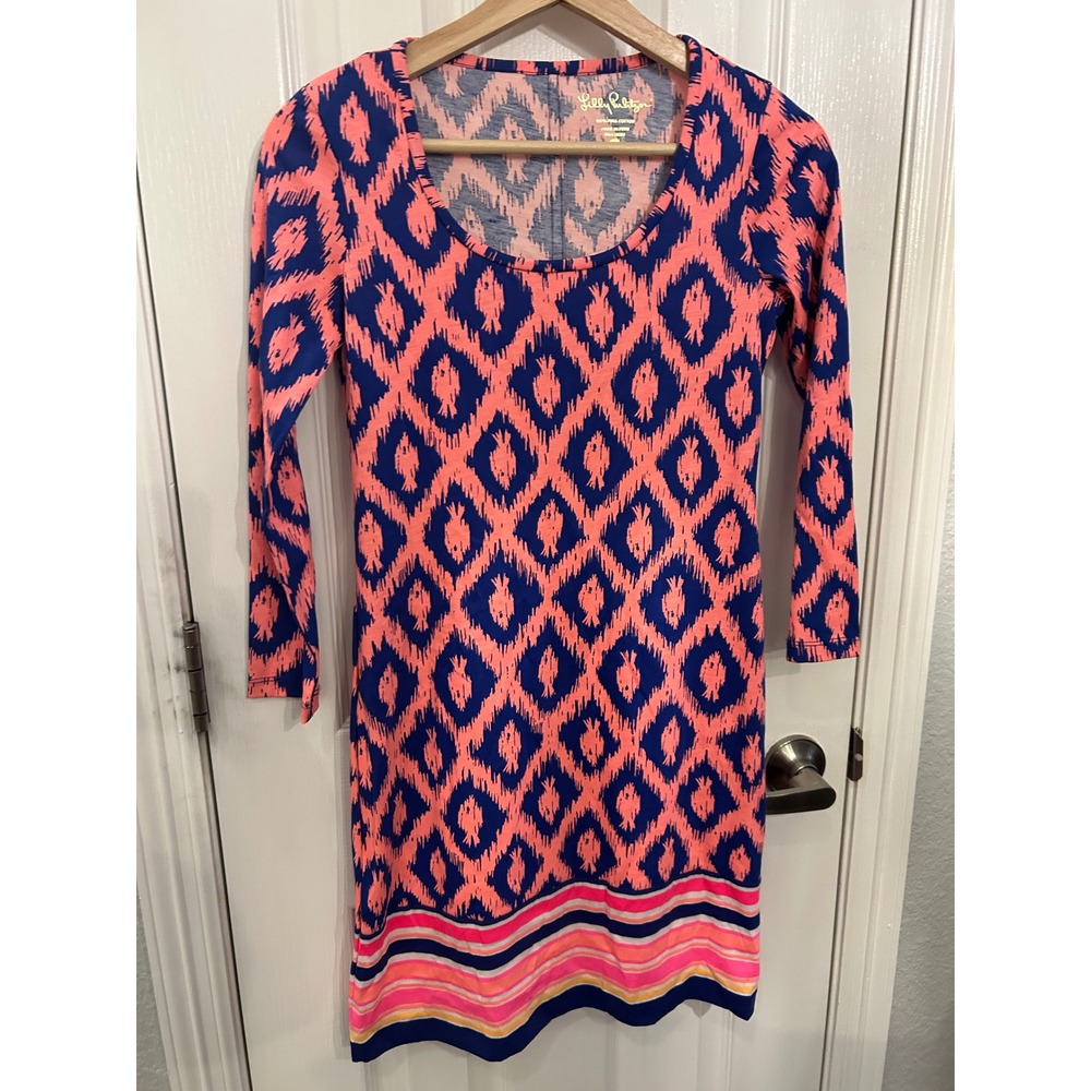 Lilly Pulitzer Pima Cotton Ikat Diamond Print Dress Navy Coral XXS